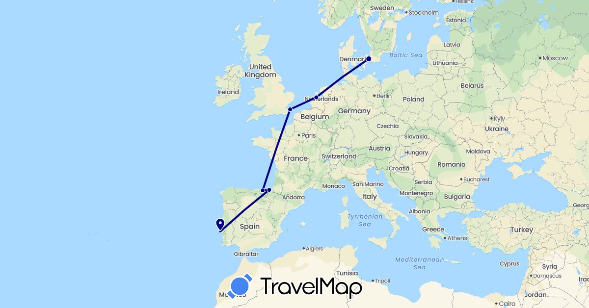 TravelMap itinerary: driving in Denmark, Spain, United Kingdom, Netherlands, Portugal (Europe)